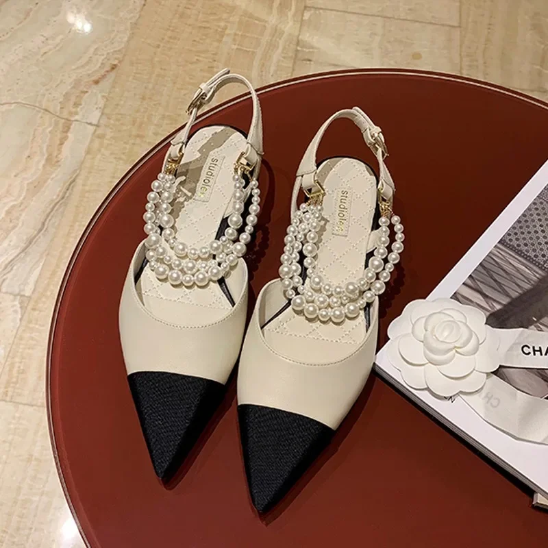 Low Block Heel Pump - 女性ポンプ PU スクエアヒール新しいパールチェーンカラーブロック太いヒール中空シングルシューズ浅い口ポインテッドトゥ女性の靴