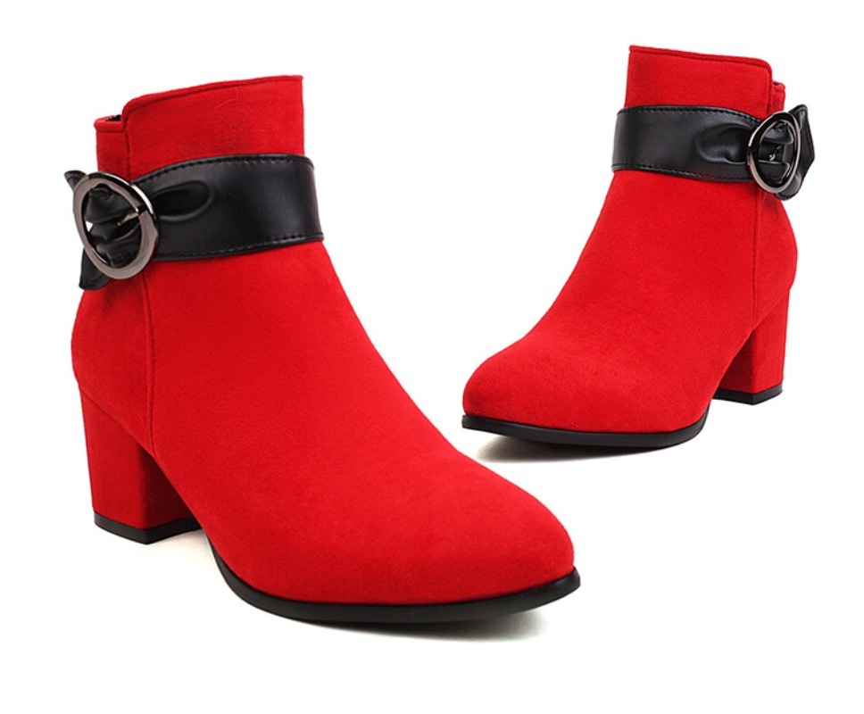 Women'S Shoes Paris - 春秋冬フェイクスエードフロックアンクルブーツ女性ファッションハイヒールベルトバックルショートブーツ 35-43 レッドパリーウェディングシューズ