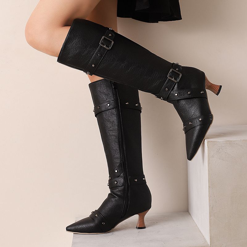 Wide Fit Heels - Girseaby レディース 膝丈ブーツ ポインテッドトゥ ヒール ジップ