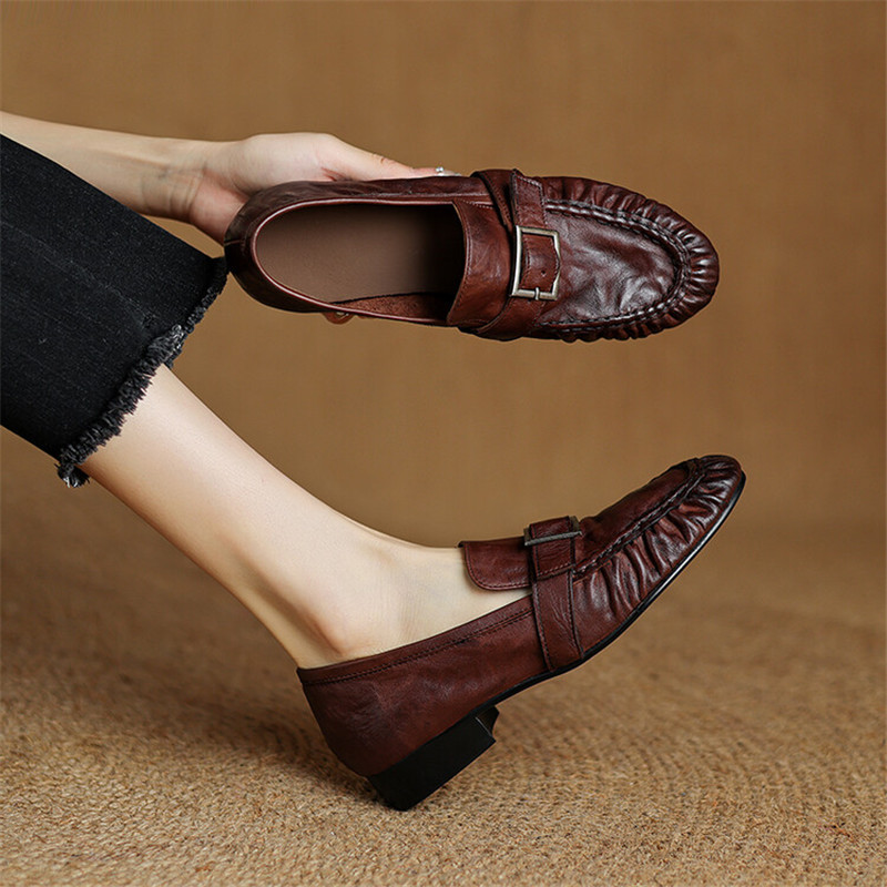 Women'S Shoes Everyday - 女性用本革モカシン,丸いつま先の靴,プリーツパンプス,厚手のヒール,ファッション,秋,新品
