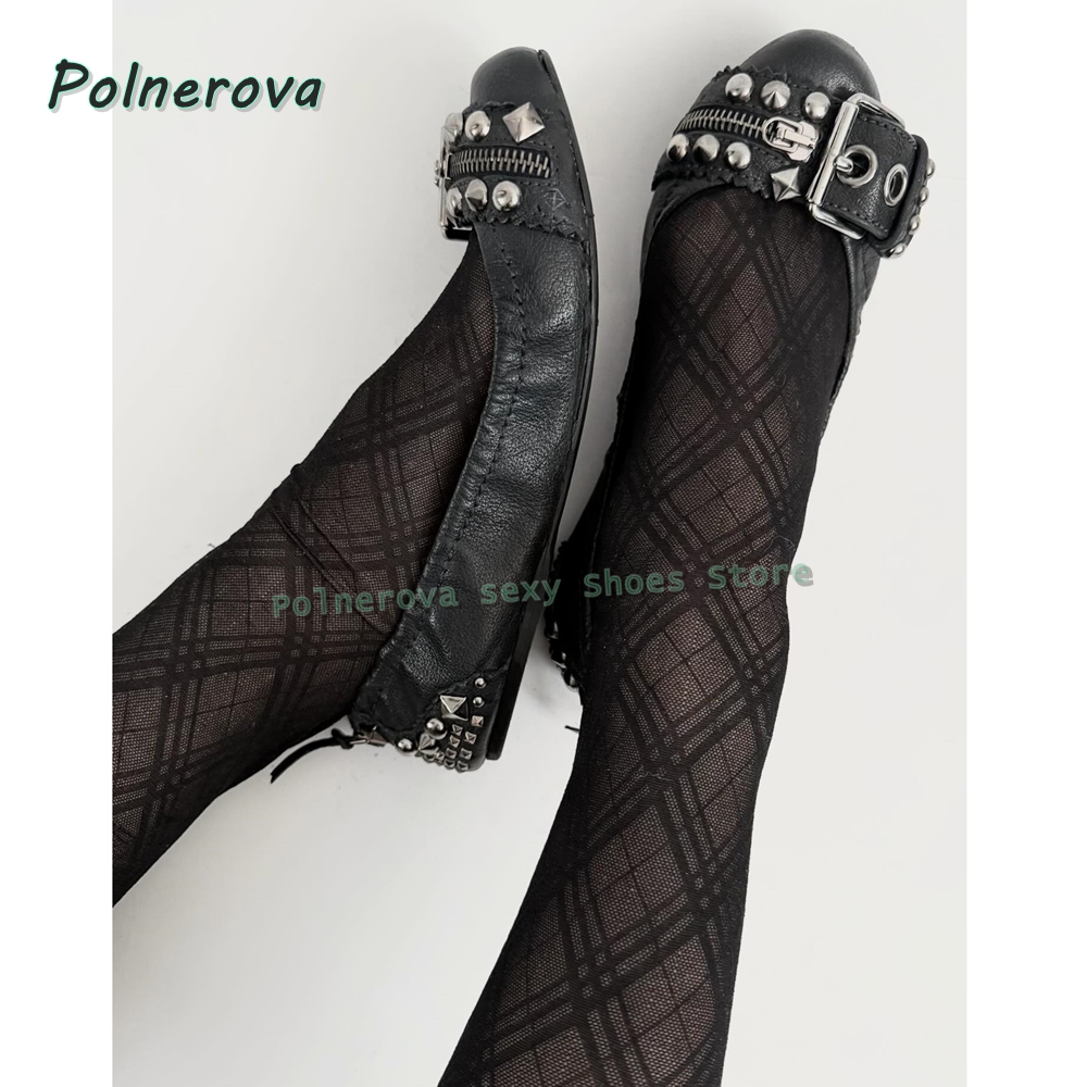 Women'S Shoes Everyday - リベットベルトバックル付きメリージェーンシューズ、ポインテッドトゥ、浅いジッパー装飾、レディースファッションパンプス、2026年春夏シューズ