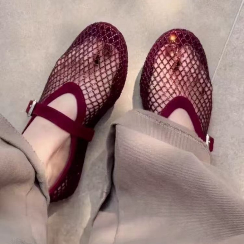Women'S Shoes Everyday - 中空ラインストーンバオトウサンダル レディース 2026年新作 フィッシングネット通気性織りメリージェーンシングルシューズ