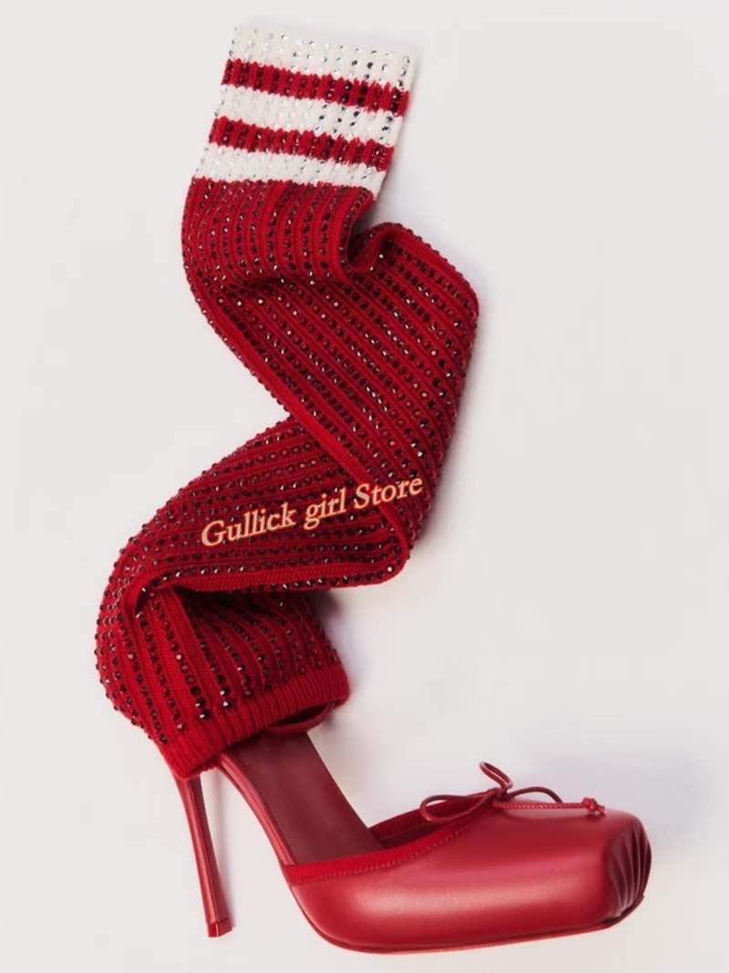 Women Shoes Sale - 赤いニット生地のスクエアトゥブーツ、カットアウトデザイン、スティレットヒール、薄型ハイヒール、伸縮性のある生地、ランウェイ2026夏、女性用ブーツ、ハンドメイド、売れ筋シューズ