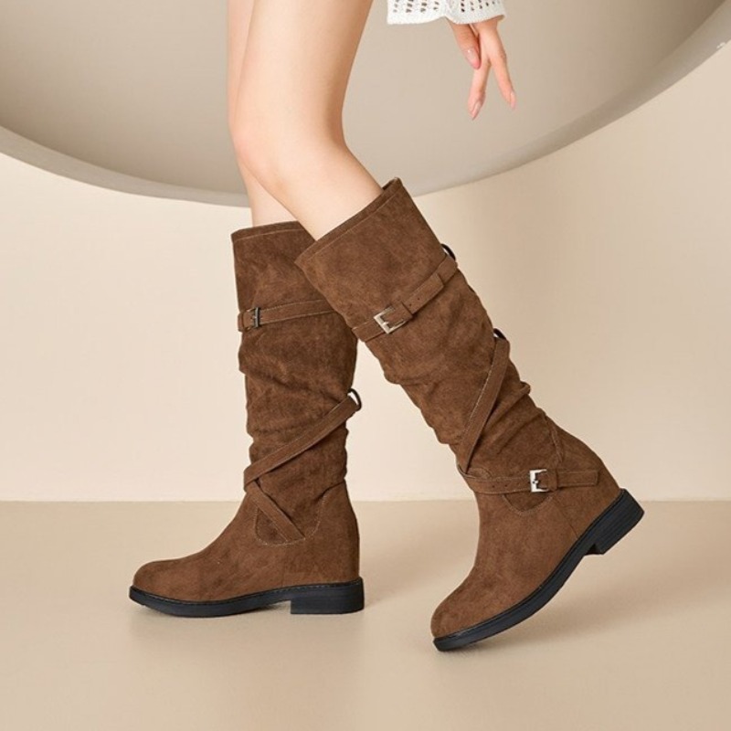 Wide Fit Heels - 2026年秋冬レディースファッションブーツ 身長アップ ロング丈ワイドレッグブーツ 厚底ラウンドトゥ