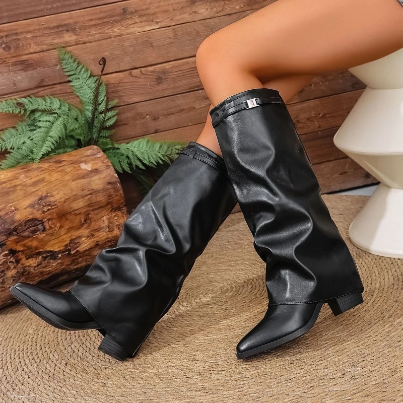 女性の折りたたみニーハイブーツファッション冬ソリッドカラー滑 - Wide Fit Heels のレビューと価格
