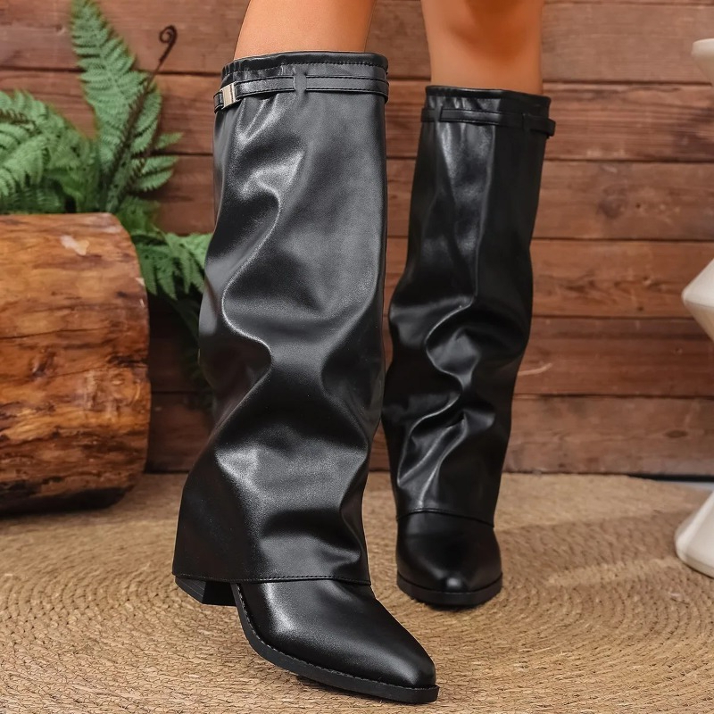 女性の折りたたみニーハイブーツファッション冬ソリッドカラー滑 - Wide Fit Heels のレビューと価格