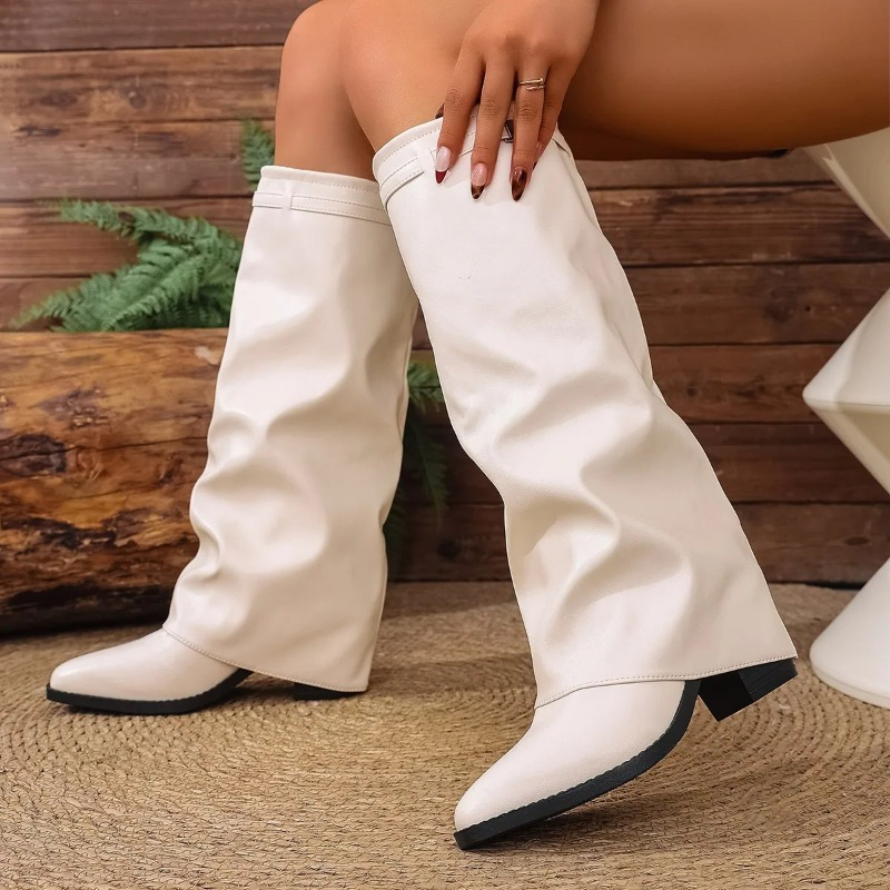 女性の折りたたみニーハイブーツファッション冬ソリッドカラー滑 - Wide Fit Heels のレビューと価格