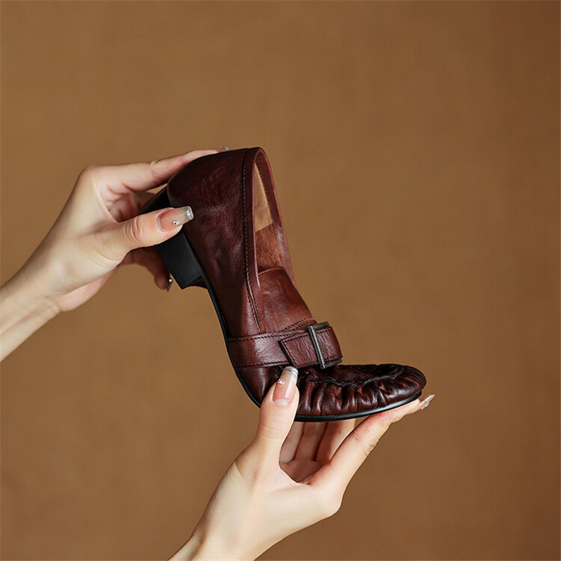 女性用本革モカシン,丸いつま先の靴,プリーツパンプス,厚手の - Women'S Shoes Everyday のレビューと価格