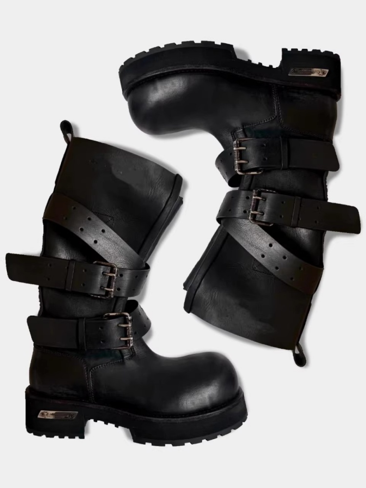 ベルトバックル付きブラックレザーバイクブーツ パリファッショ - Women'S Shoes Paris のレビューと価格